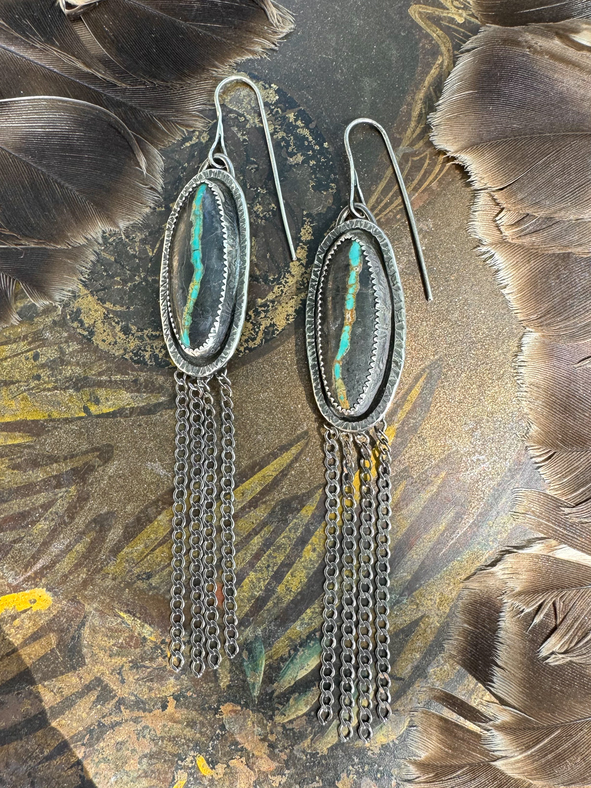 Available! Black Ribbon Turquoise Earrings with Long Chain Fringe