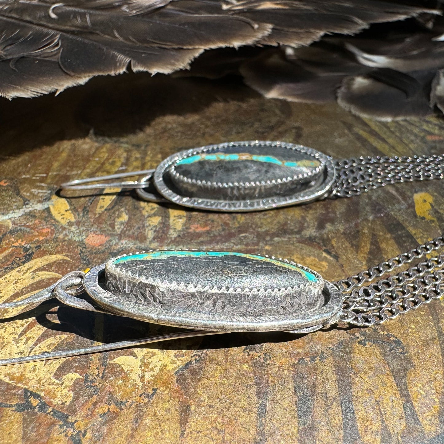 Available! Black Ribbon Turquoise Earrings with Long Chain Fringe