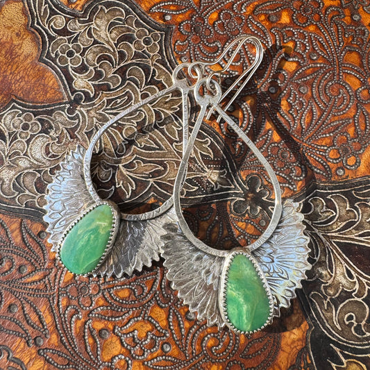 Goddess Isis Wings Sterling Silver and Green Variscite Earrings