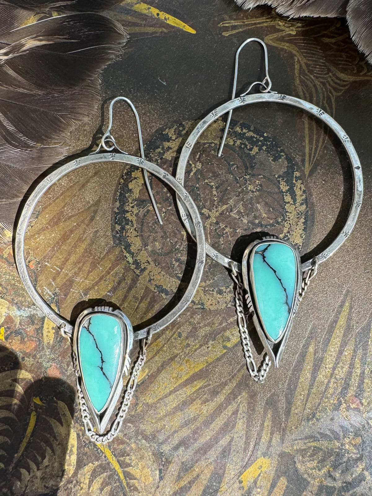 Earrings Desert Bloom Variscite Sterling Silver Hoop Arrow with Chain