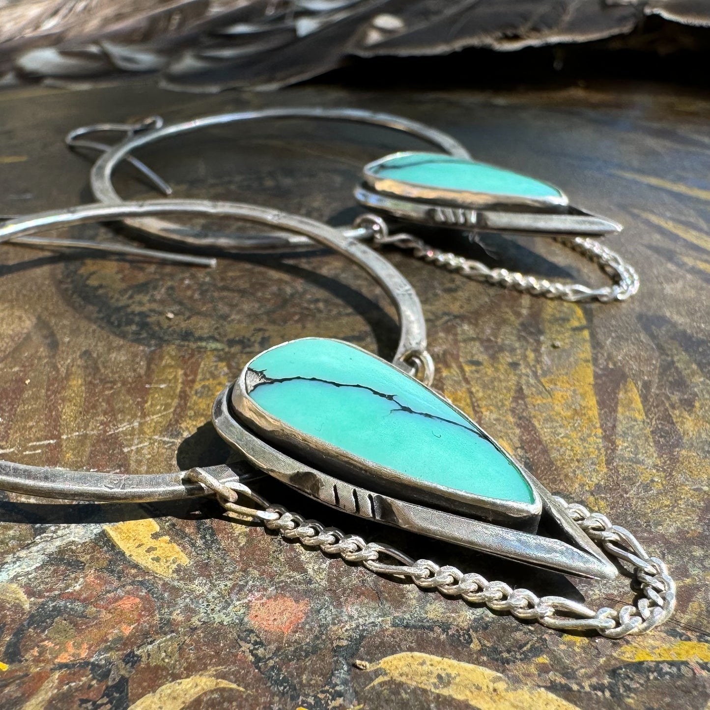 Earrings Desert Bloom Variscite Sterling Silver Hoop Arrow with Chain