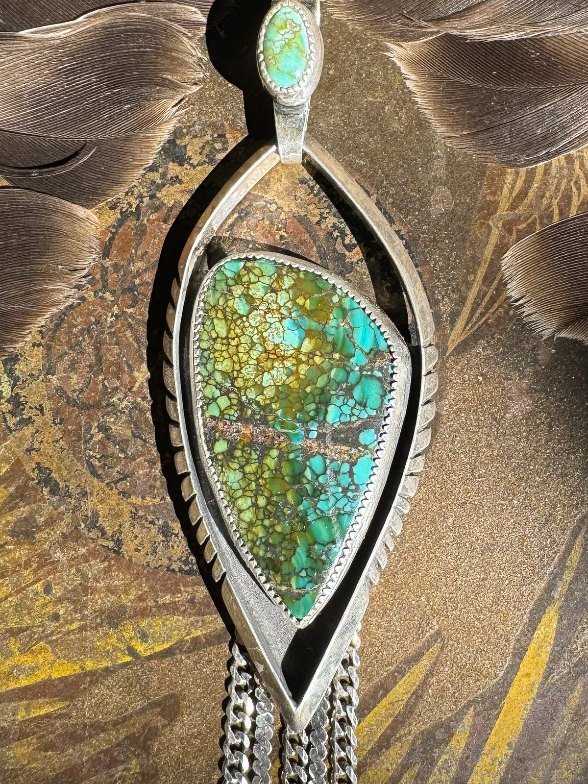 Pendant Polychrome Hubei Turquoise Sterling Silver Arrow with Chain Fringe