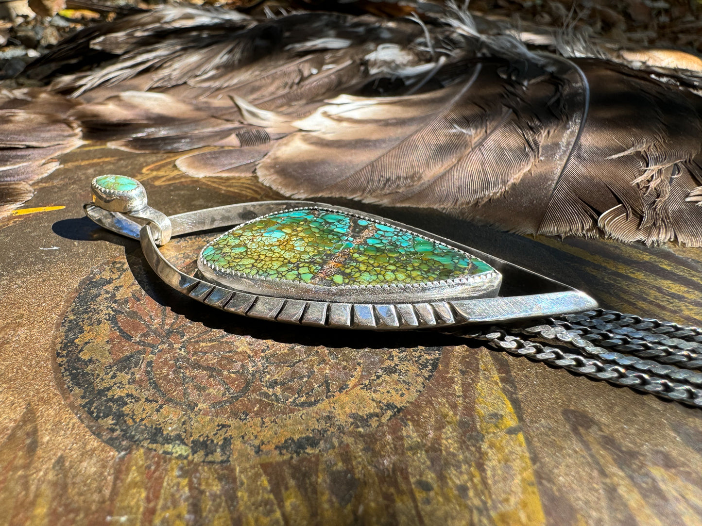 Pendant Polychrome Hubei Turquoise Sterling Silver Arrow with Chain Fringe