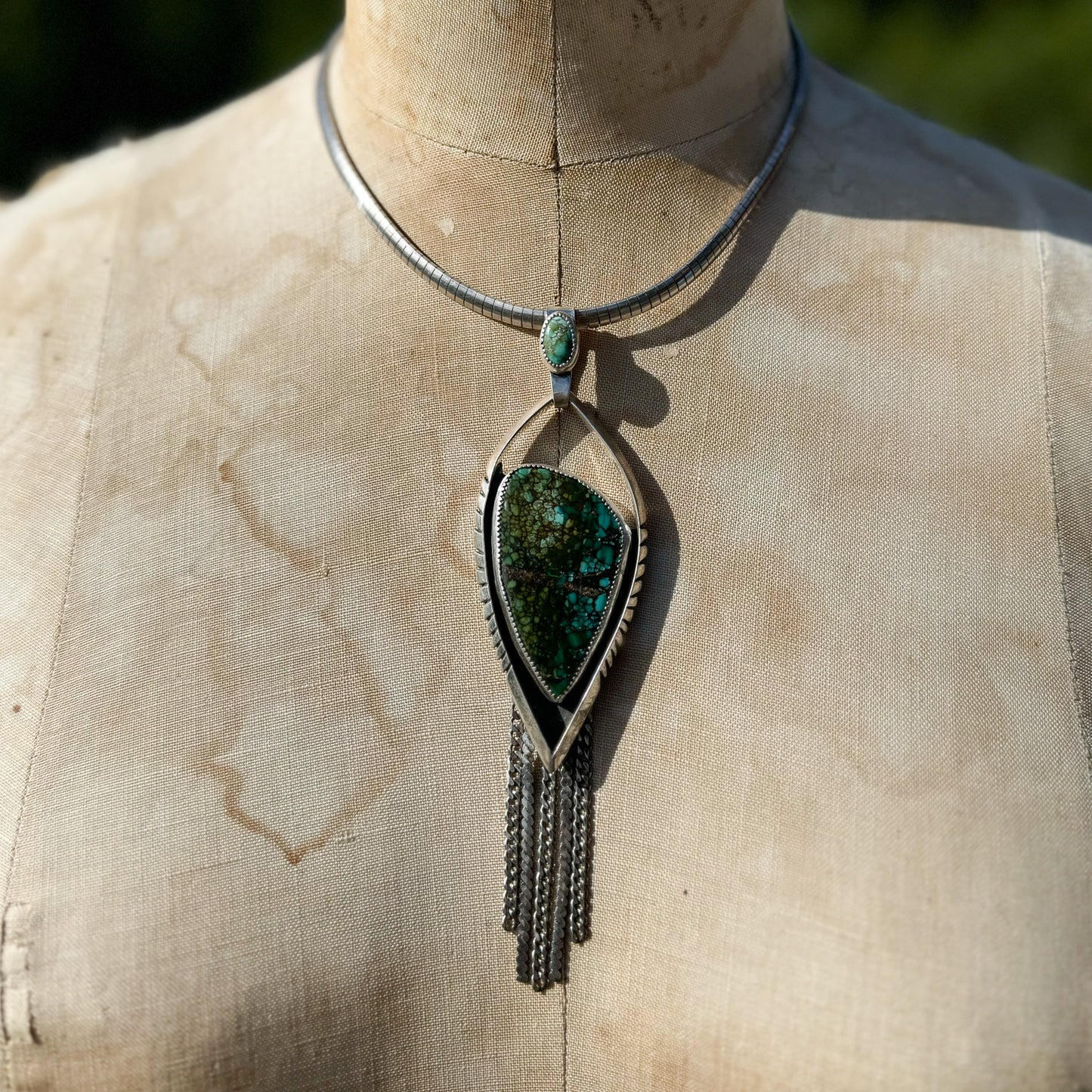 Pendant Polychrome Hubei Turquoise Sterling Silver Arrow with Chain Fringe