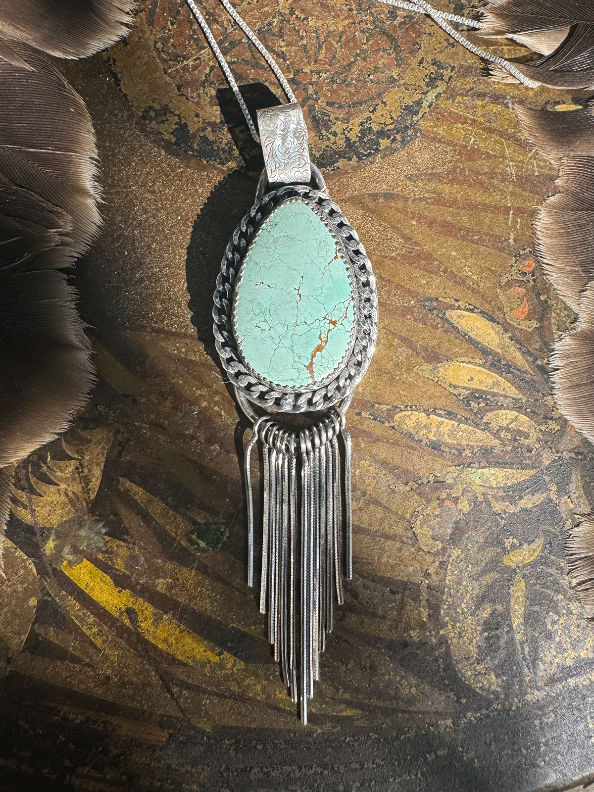 Pendant Necklace with Number 8 Turquoise with Sterling Silver Fringe