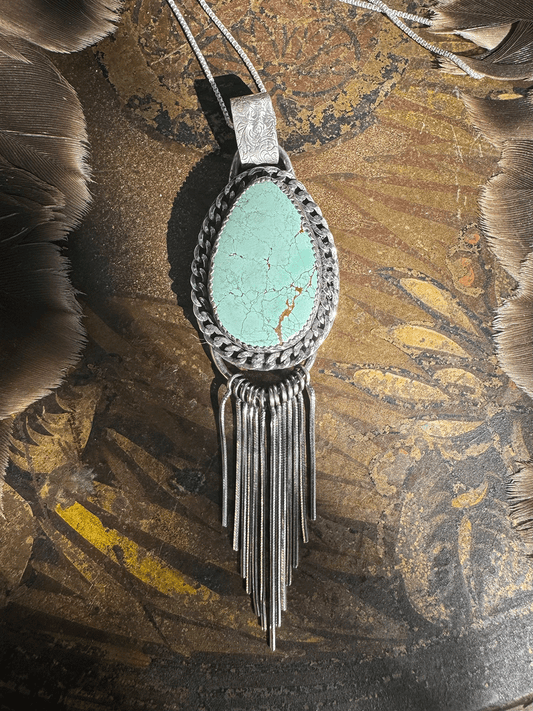 Pendant Necklace with Number 8 Turquoise with Sterling Silver Fringe