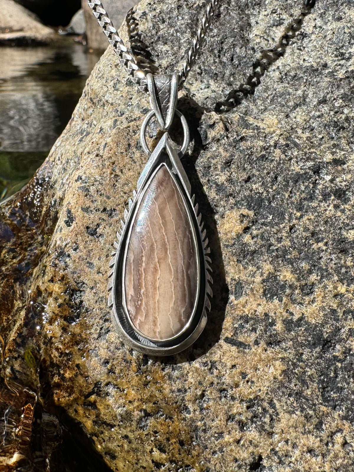 Pendant Petrified Wood Teardrop Geometric Sterling Silver