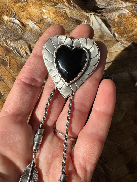 Black Onyx Heart Sterling Silver Rope Chain Bolo Necklace