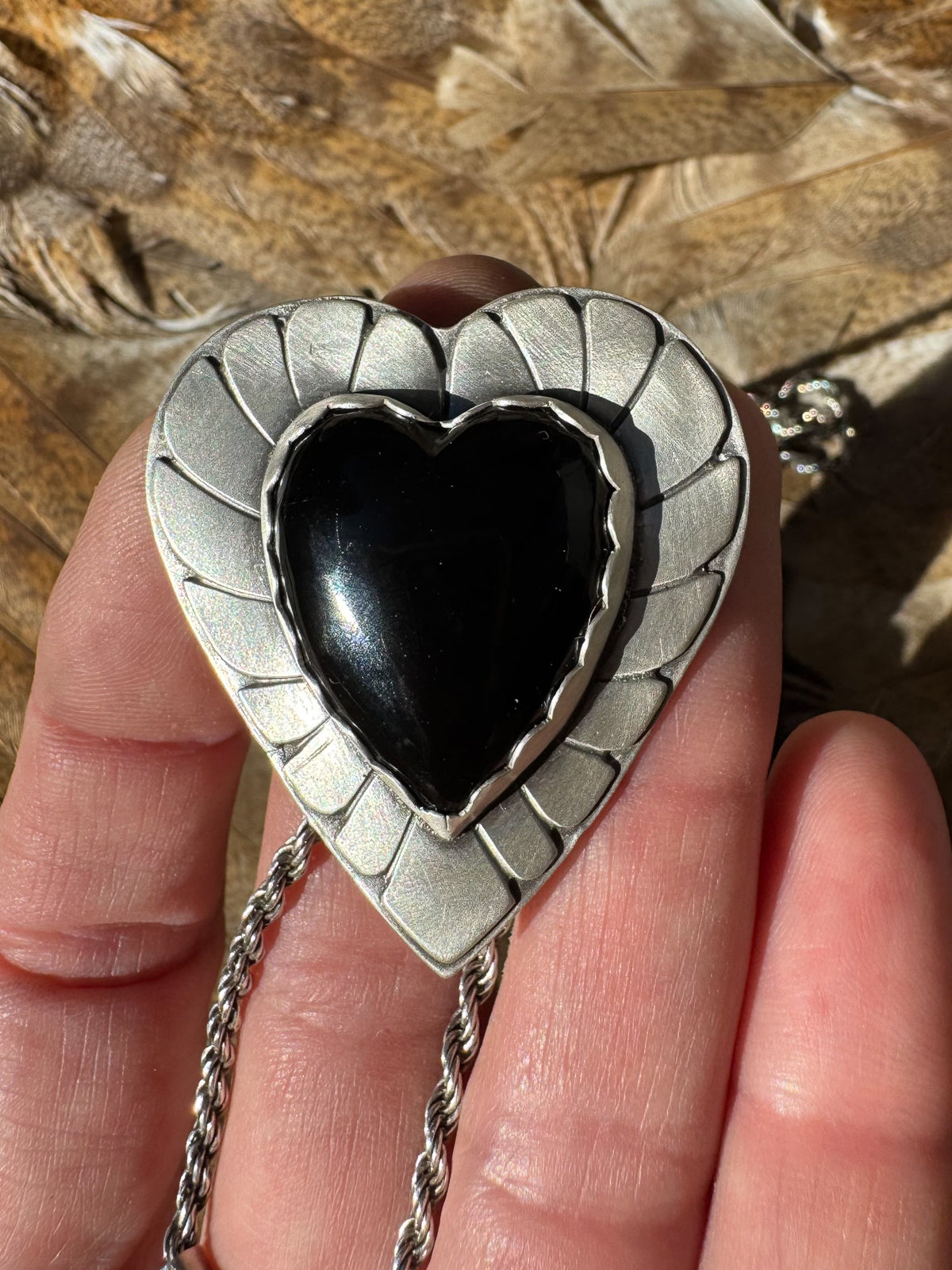 Black Onyx Heart Sterling Silver Rope Chain Bolo Necklace