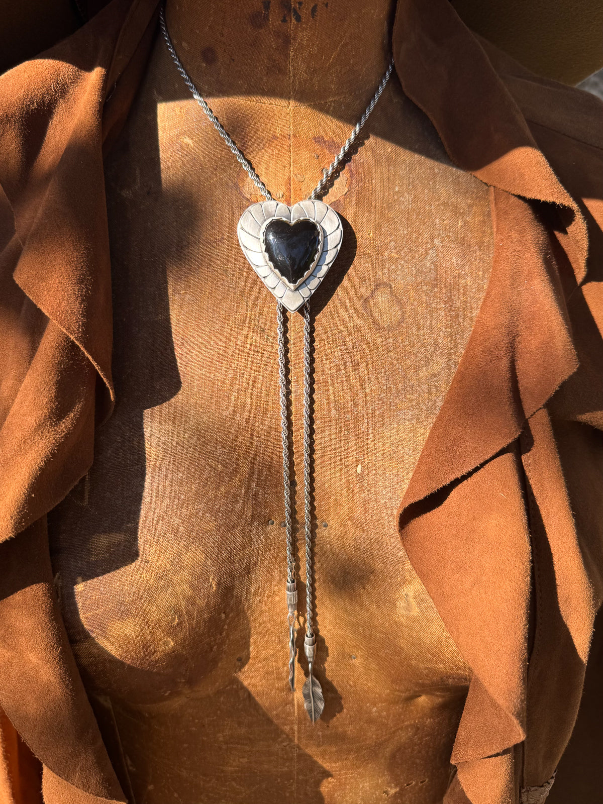 Black Onyx Heart Sterling Silver Rope Chain Bolo Necklace