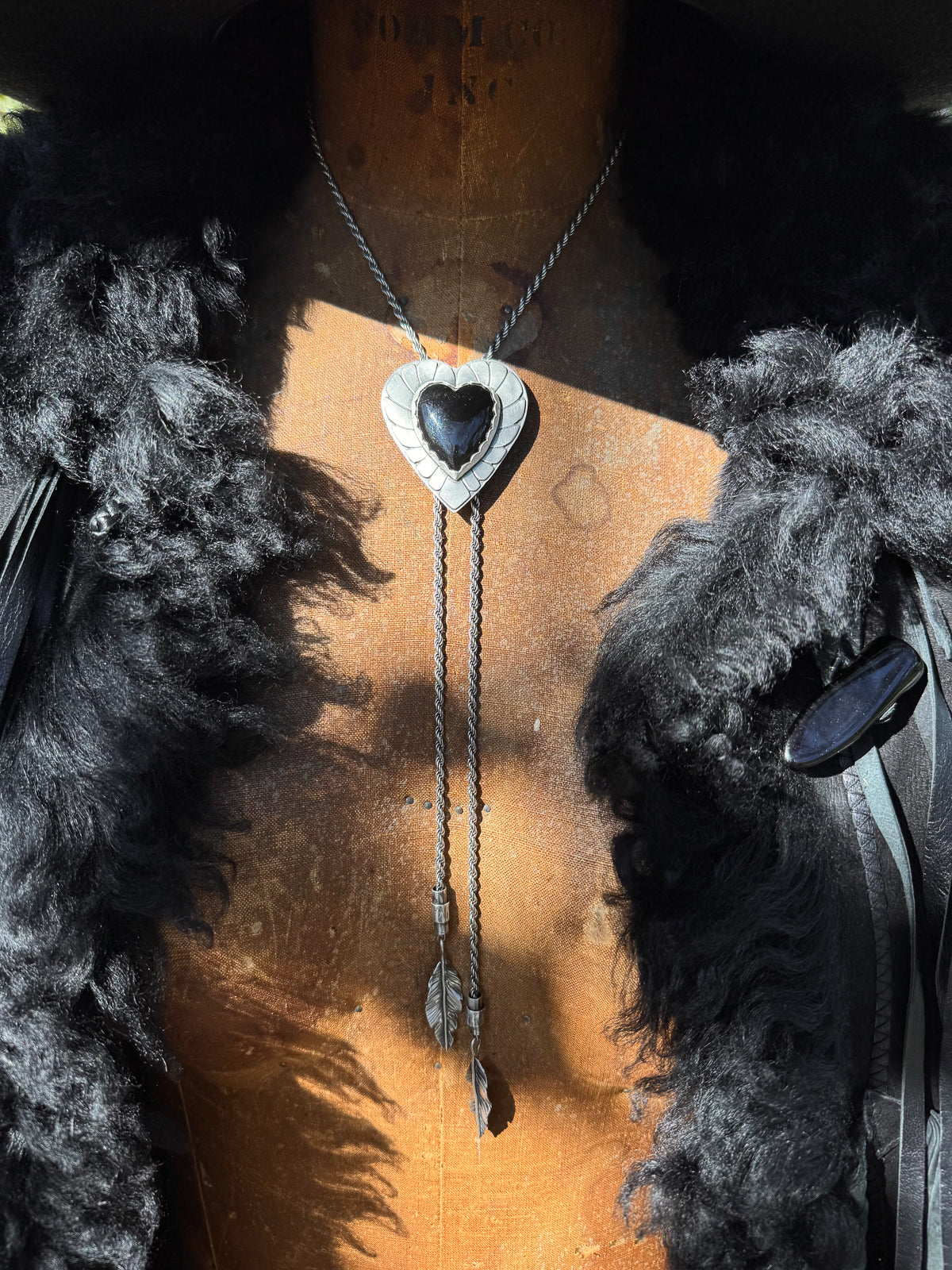 Black Onyx Heart Sterling Silver Rope Chain Bolo Necklace