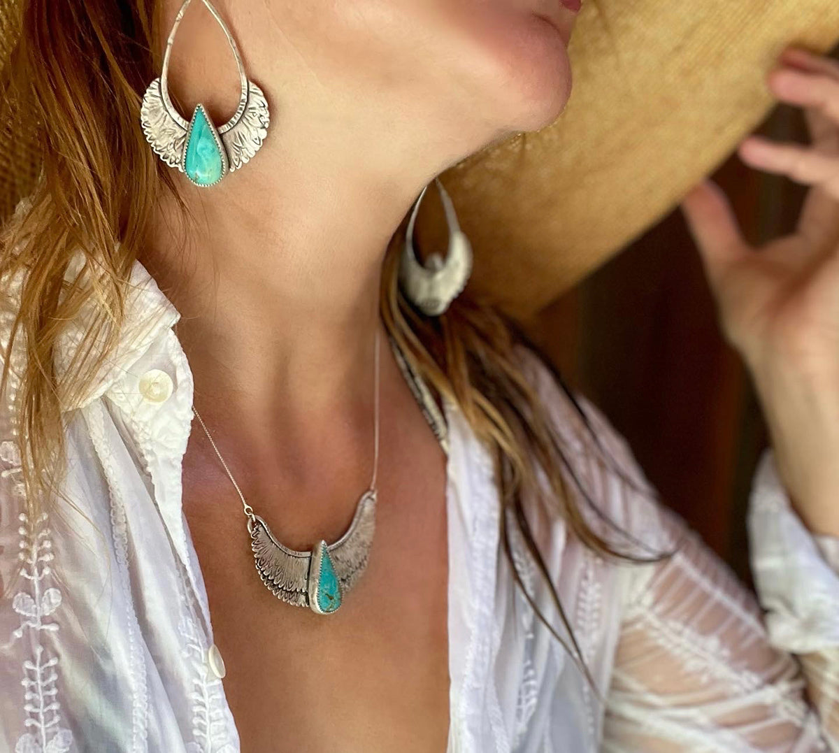 Goddess Isis Winged Necklace with Kingman Turquoise