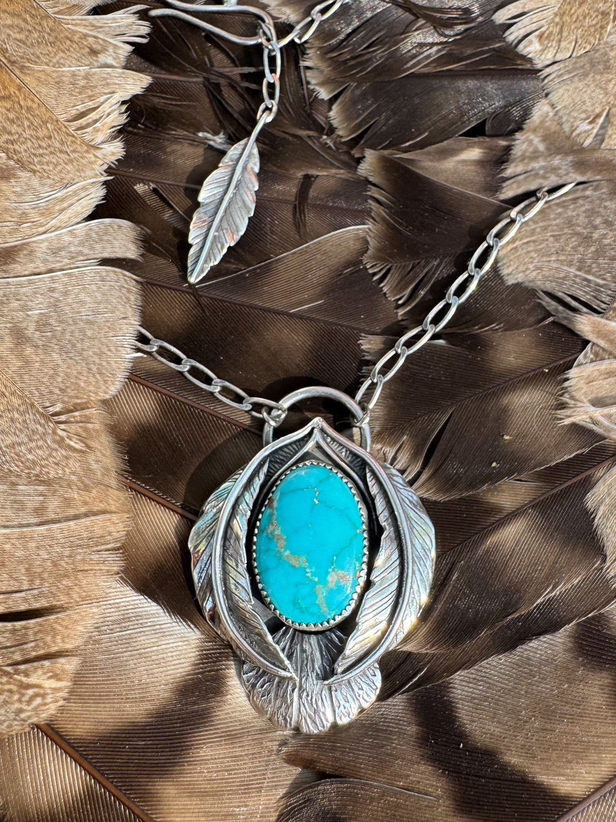 Available! Little Bird Sterling Silver Necklace with Blue Turquoise Stylized Wings