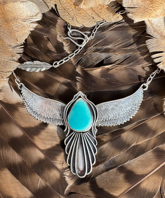 Available! Spirit Bird Sterling Silver Wings Necklace with Blue Pilot Mountain Turquoise