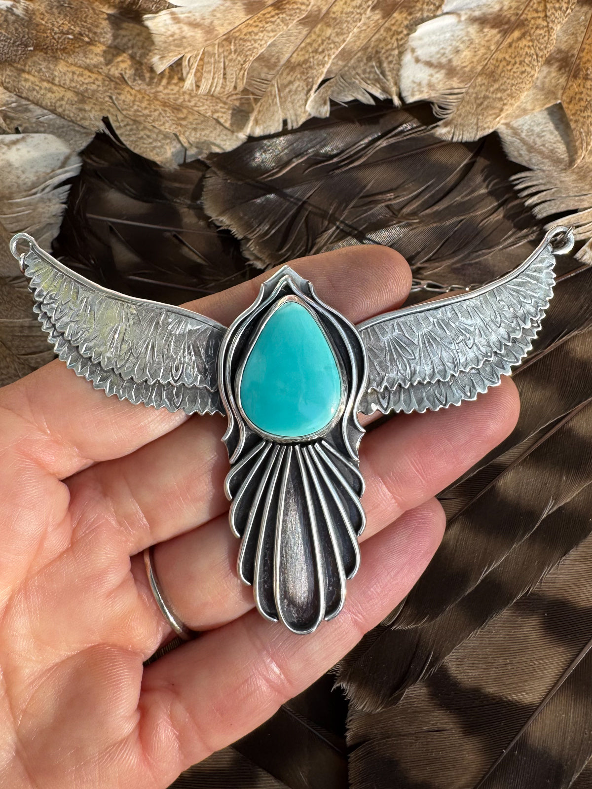 Available! Spirit Bird Sterling Silver Wings Necklace with Blue Pilot Mountain Turquoise