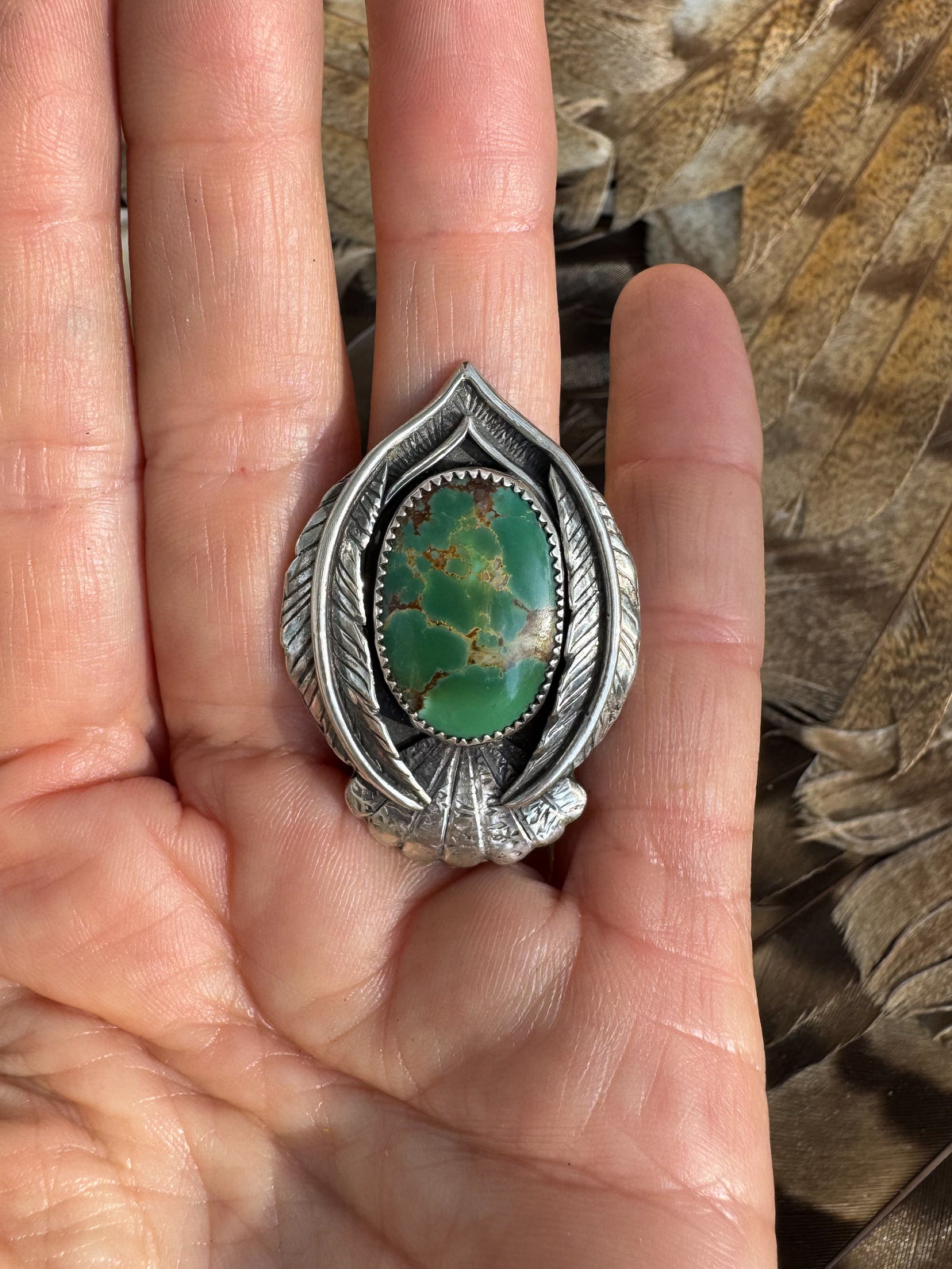 Available! Little Bird Sterling Silver Wings Ring with Green Turquoise