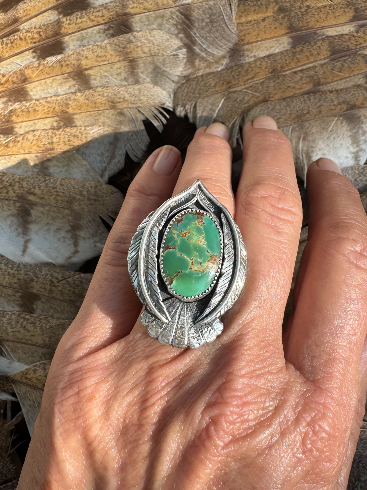 Available! Little Bird Sterling Silver Wings Ring with Green Turquoise