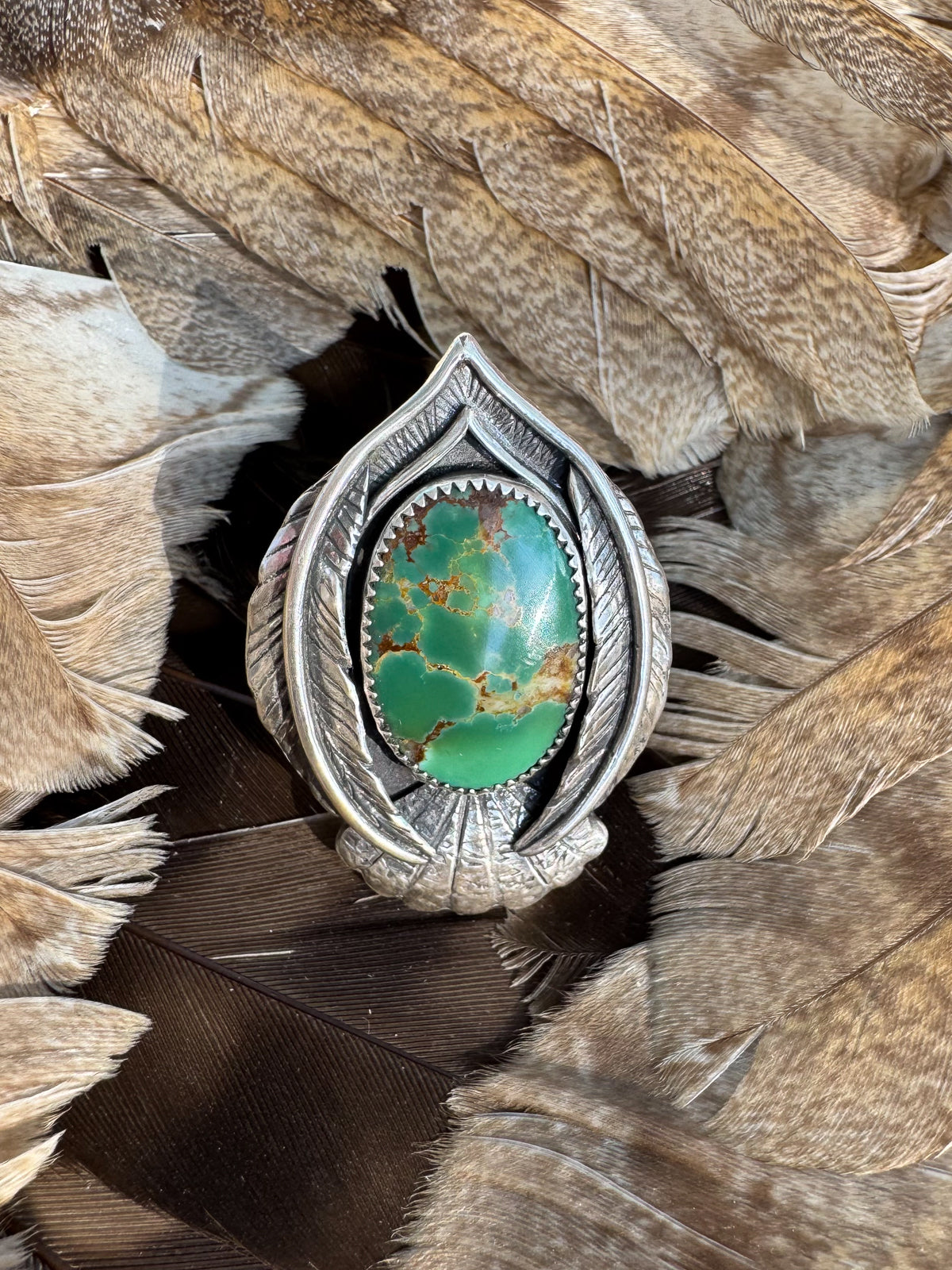 Available! Little Bird Sterling Silver Wings Ring with Green Turquoise