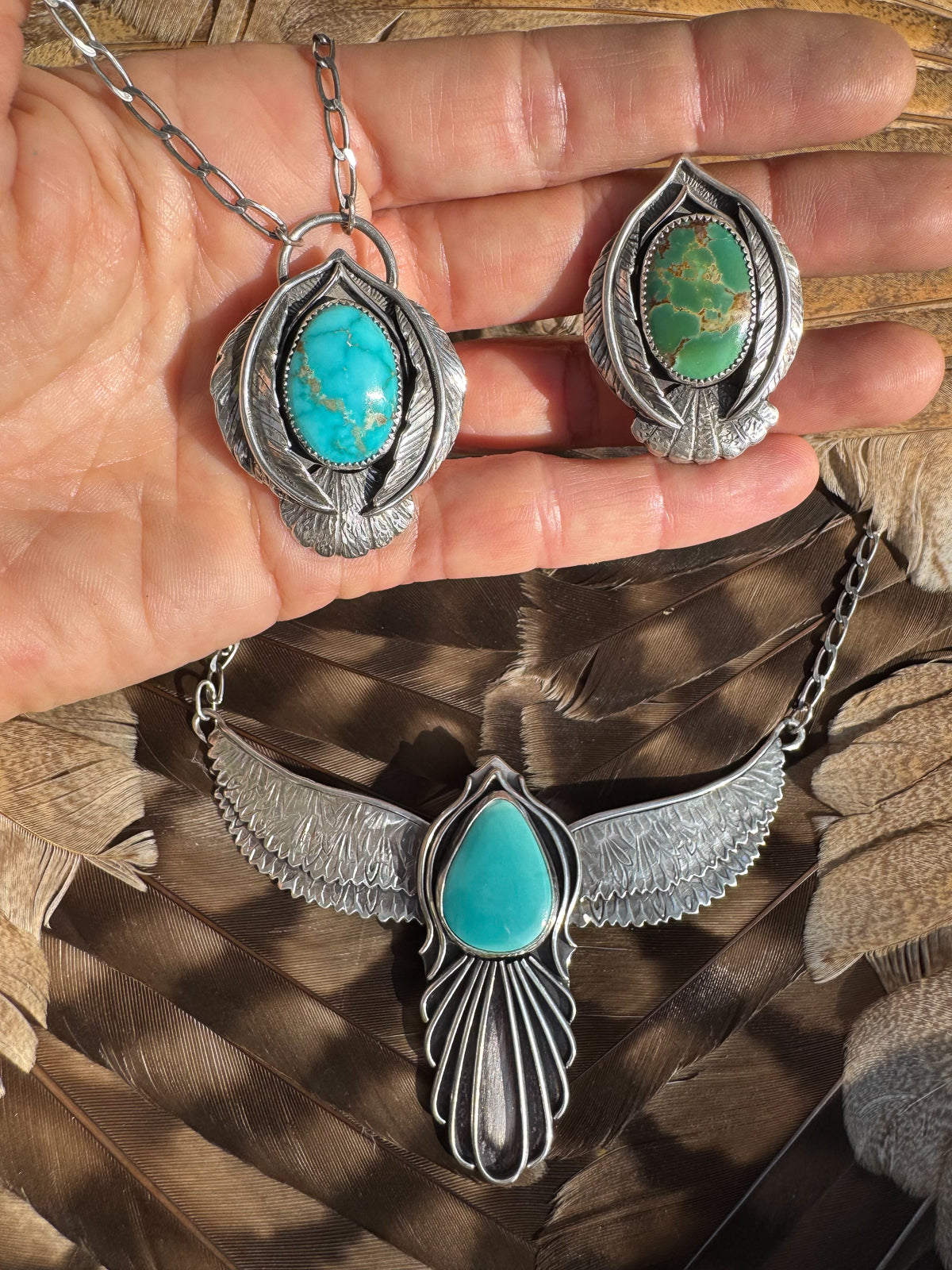 Available! Little Bird Sterling Silver Wings Ring with Green Turquoise