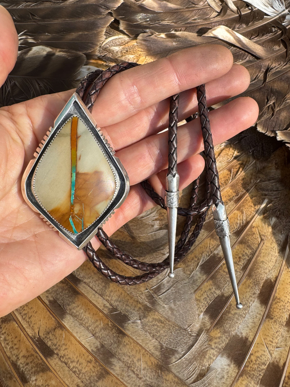 Available! Sterling Silver Pilot Mountain Rainbow Ribbon Turquoise Bolo Tie