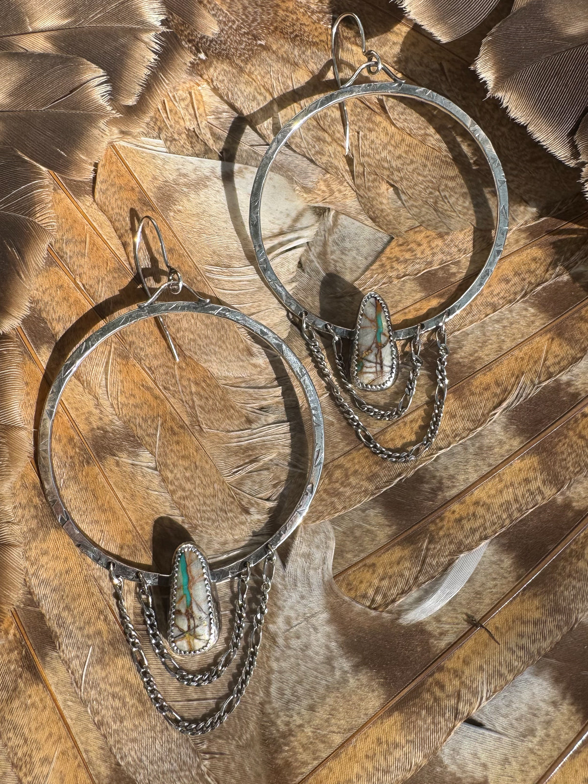 Available! Sterling Silver Chained Hoop Earrings with Royston Ribbon Turquoise