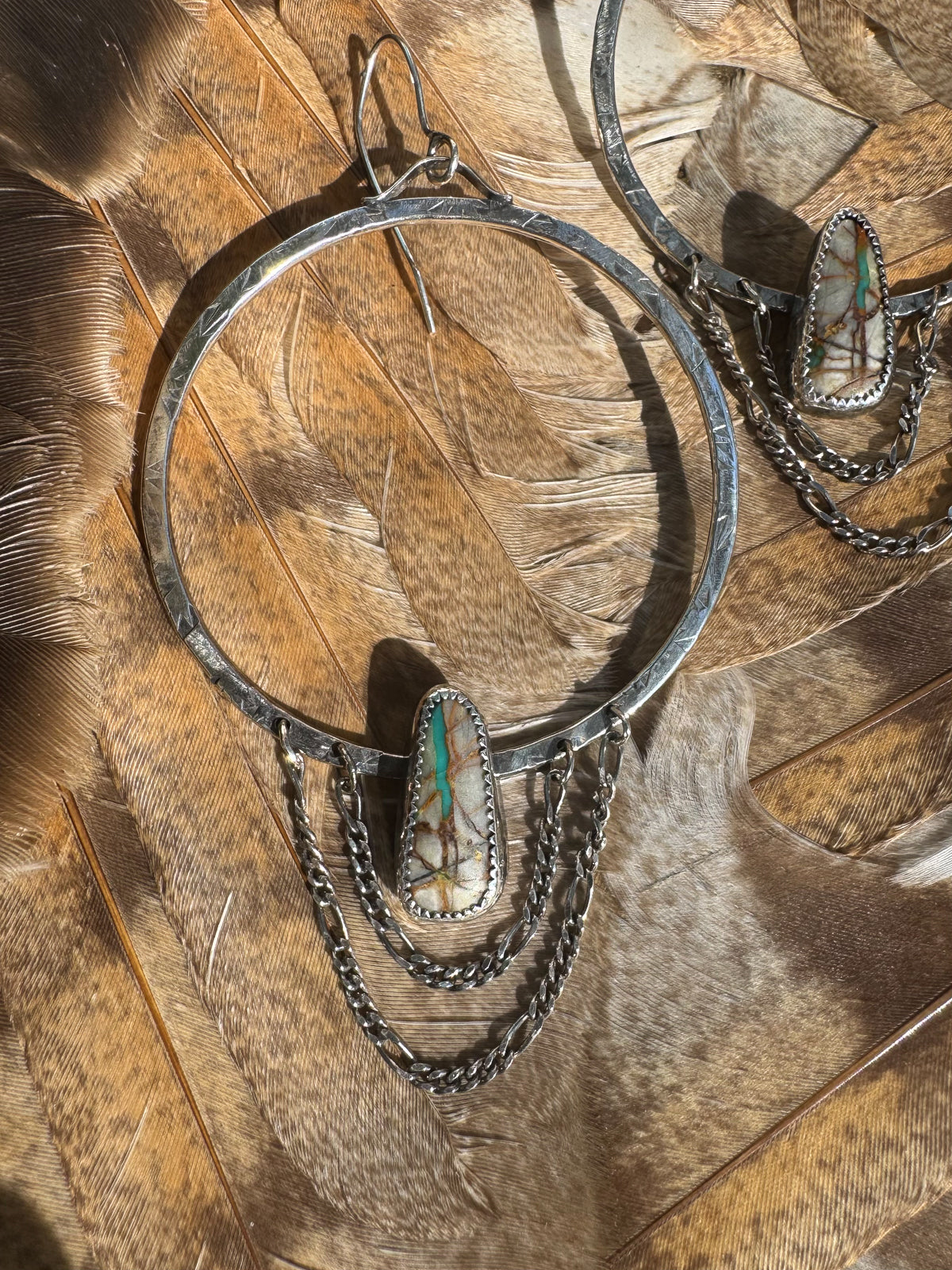 Available! Sterling Silver Chained Hoop Earrings with Royston Ribbon Turquoise