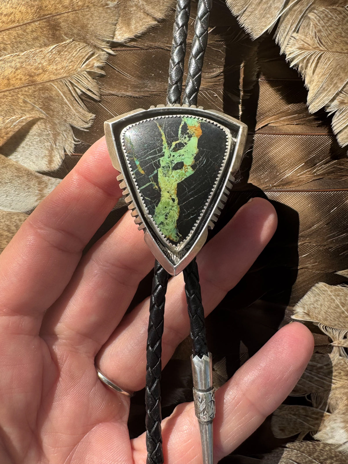 Available! Blackjack Turquoise Bolo Tie Sterling Silver Hand-cut Arrow Frame
