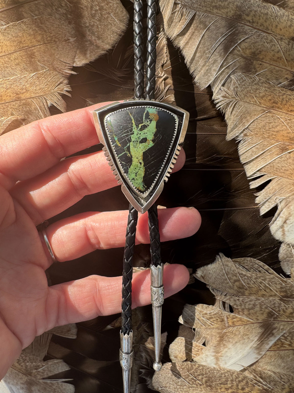 Available! Blackjack Turquoise Bolo Tie Sterling Silver Hand-cut Arrow Frame
