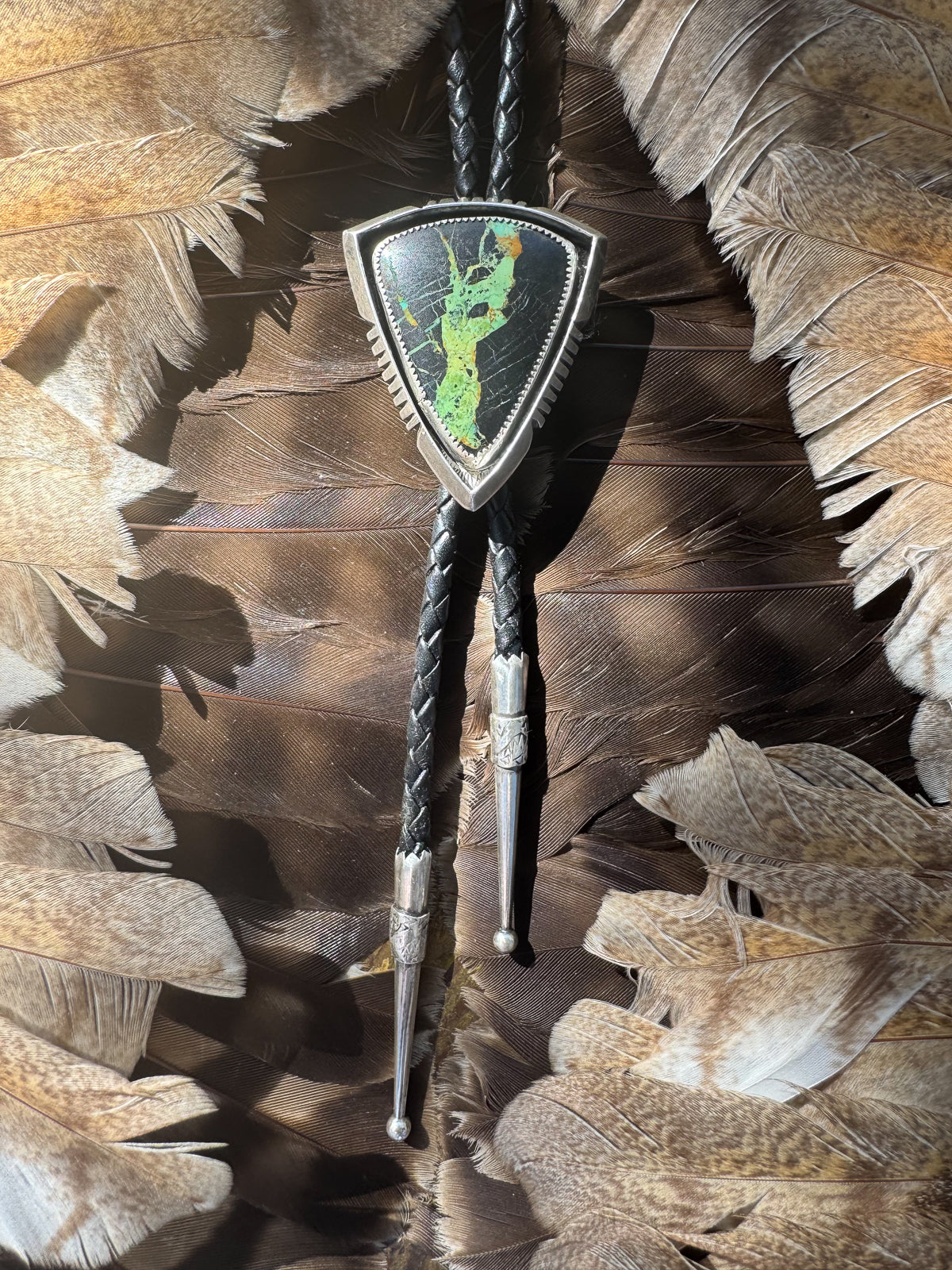 Available! Blackjack Turquoise Bolo Tie Sterling Silver Hand-cut Arrow Frame