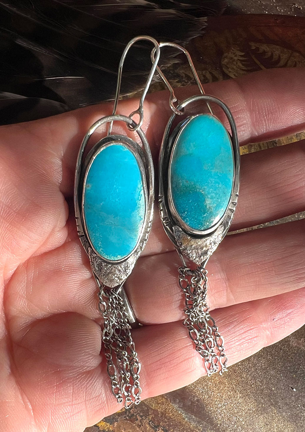 Earrings Blue Turquoise Sterling Silver Fringe