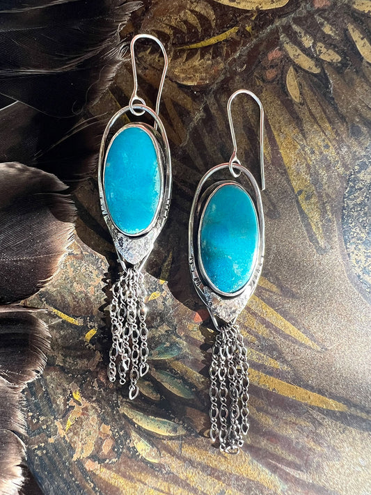 Earrings Blue Turquoise Sterling Silver Fringe