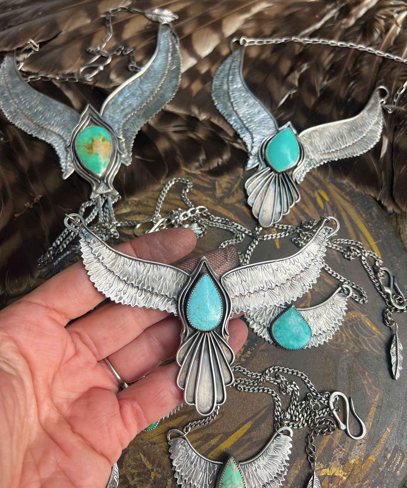 Bird Spirit Bird Wings Necklace with Number 8 Turquoise