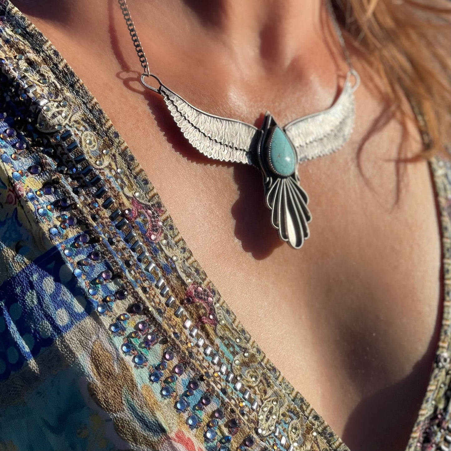 Bird Spirit Bird Wings Necklace with Number 8 Turquoise