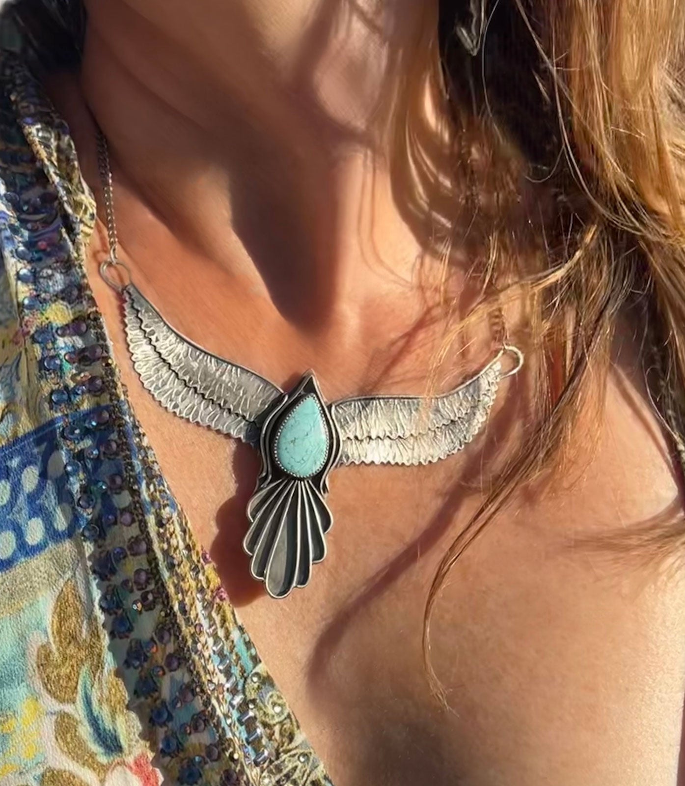 Bird Spirit Bird Wings Necklace with Number 8 Turquoise