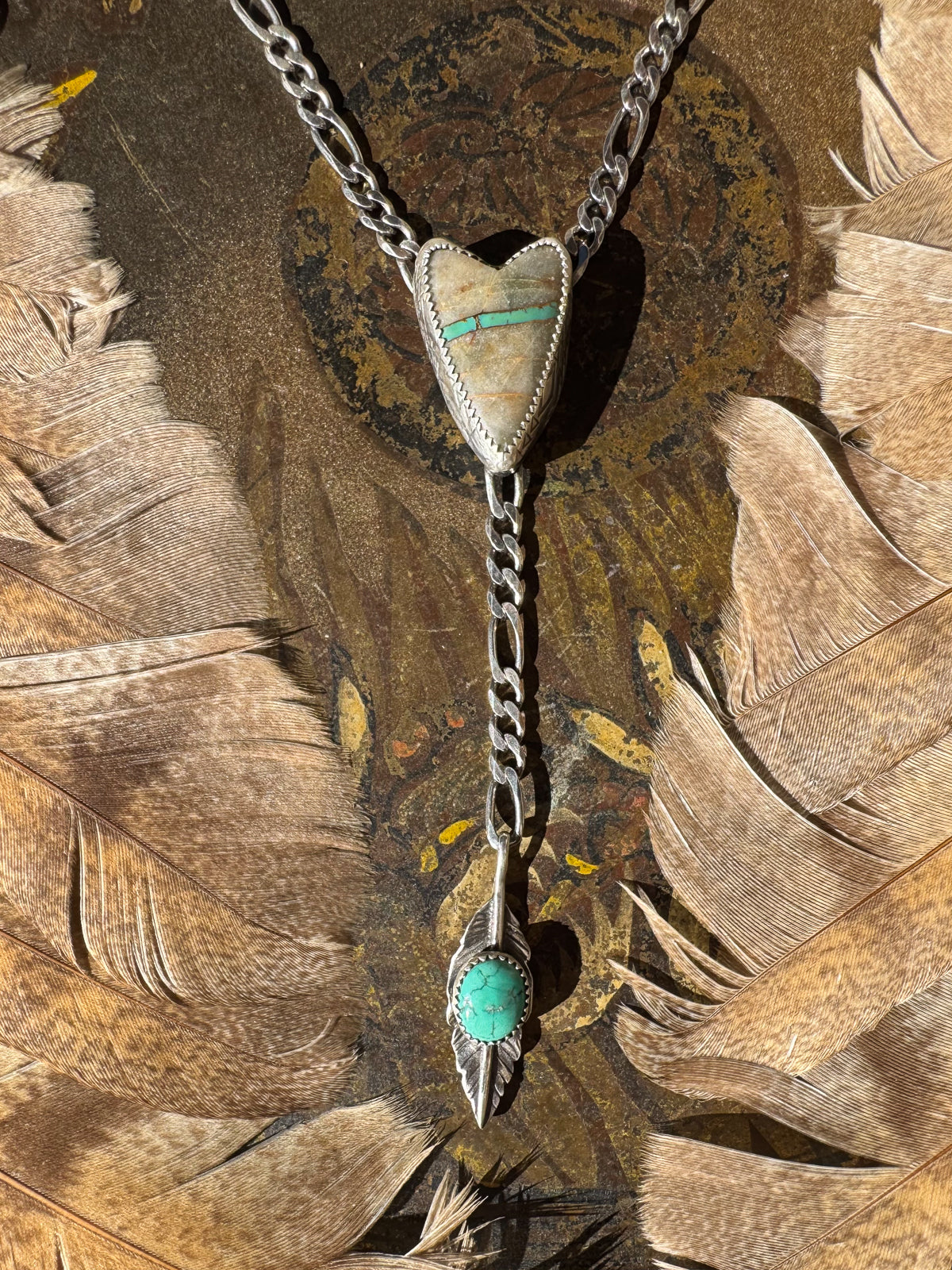 Heart Lariat Necklace with Royston Ribbon Turquoise and Feather