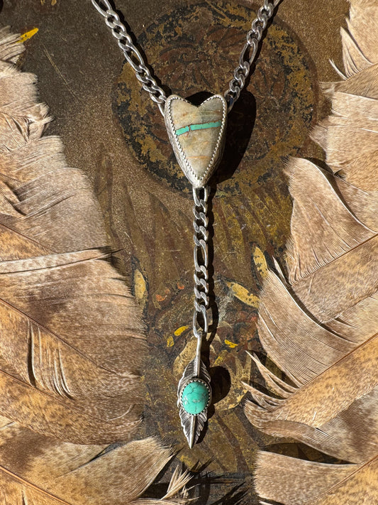 Heart Lariat Necklace with Royston Ribbon Turquoise and Feather