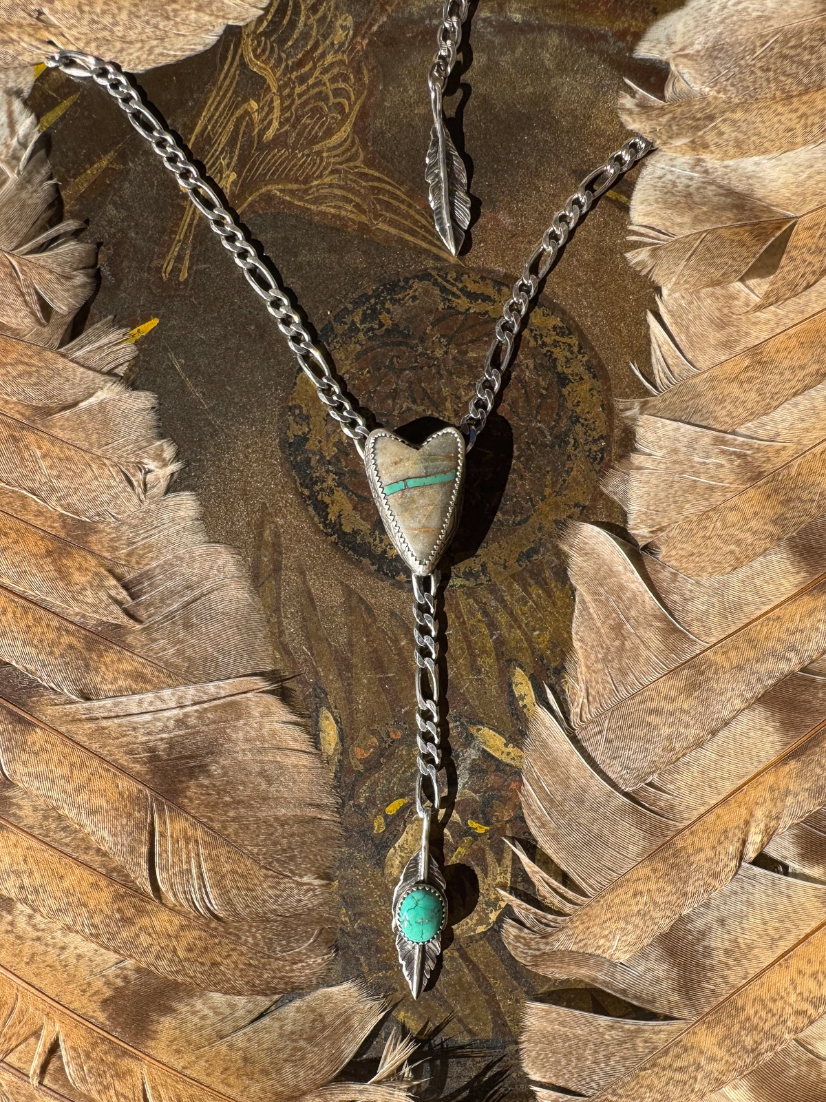 Heart Lariat Necklace with Royston Ribbon Turquoise and Feather