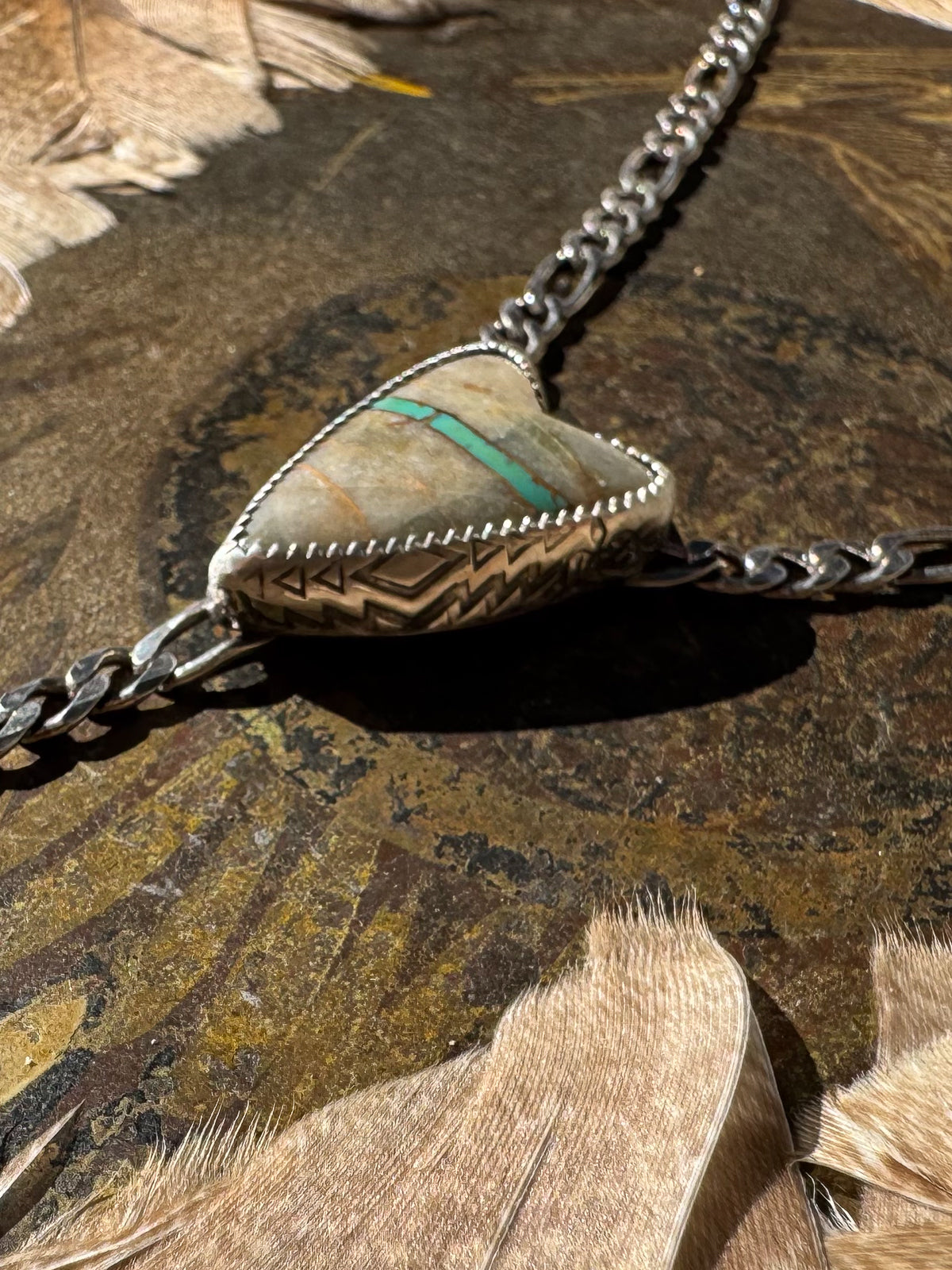 Heart Lariat Necklace with Royston Ribbon Turquoise and Feather