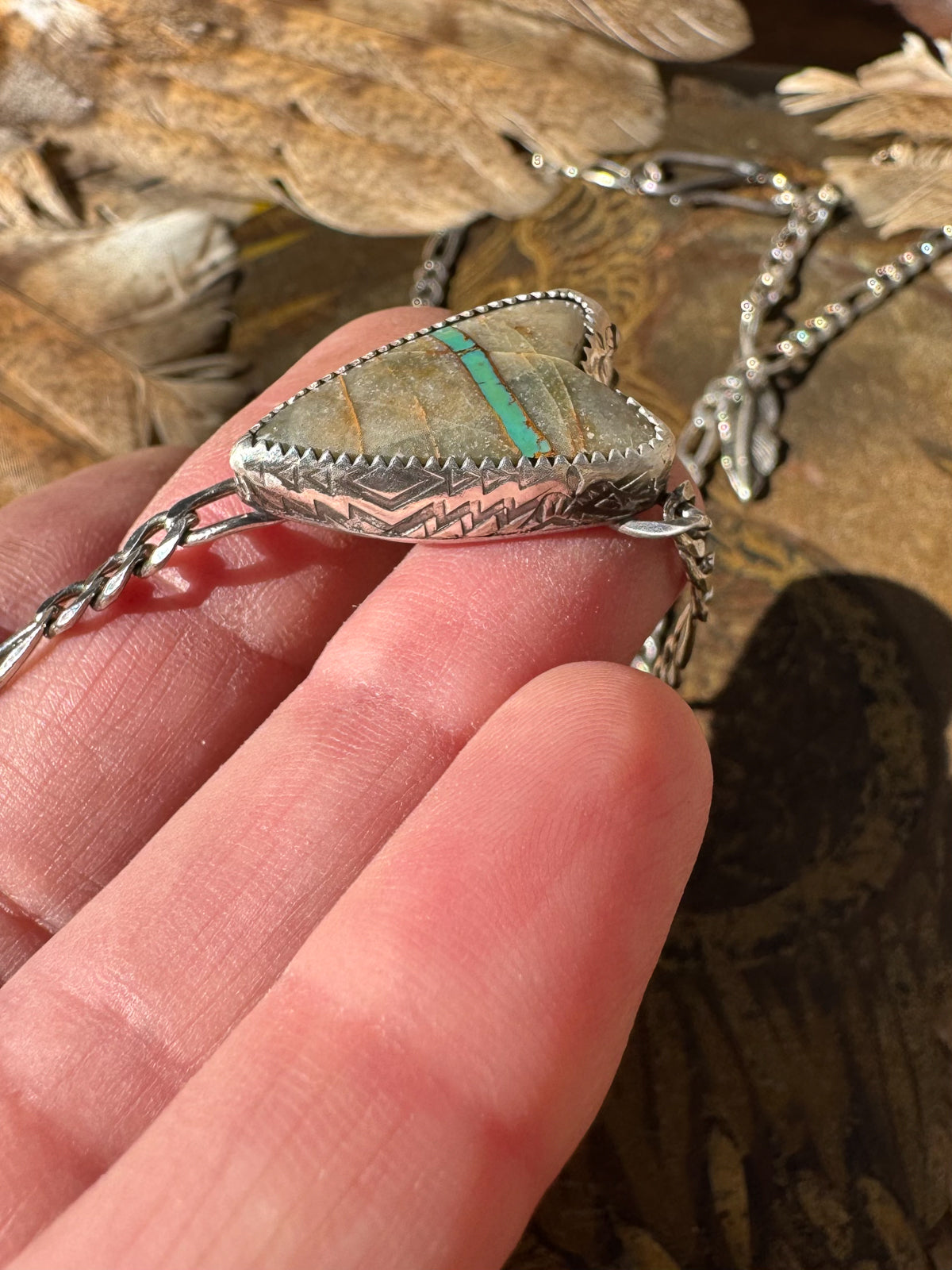 Heart Lariat Necklace with Royston Ribbon Turquoise and Feather