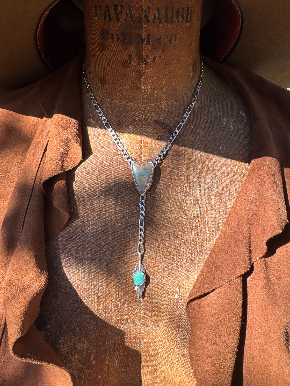 Heart Lariat Necklace with Royston Ribbon Turquoise and Feather