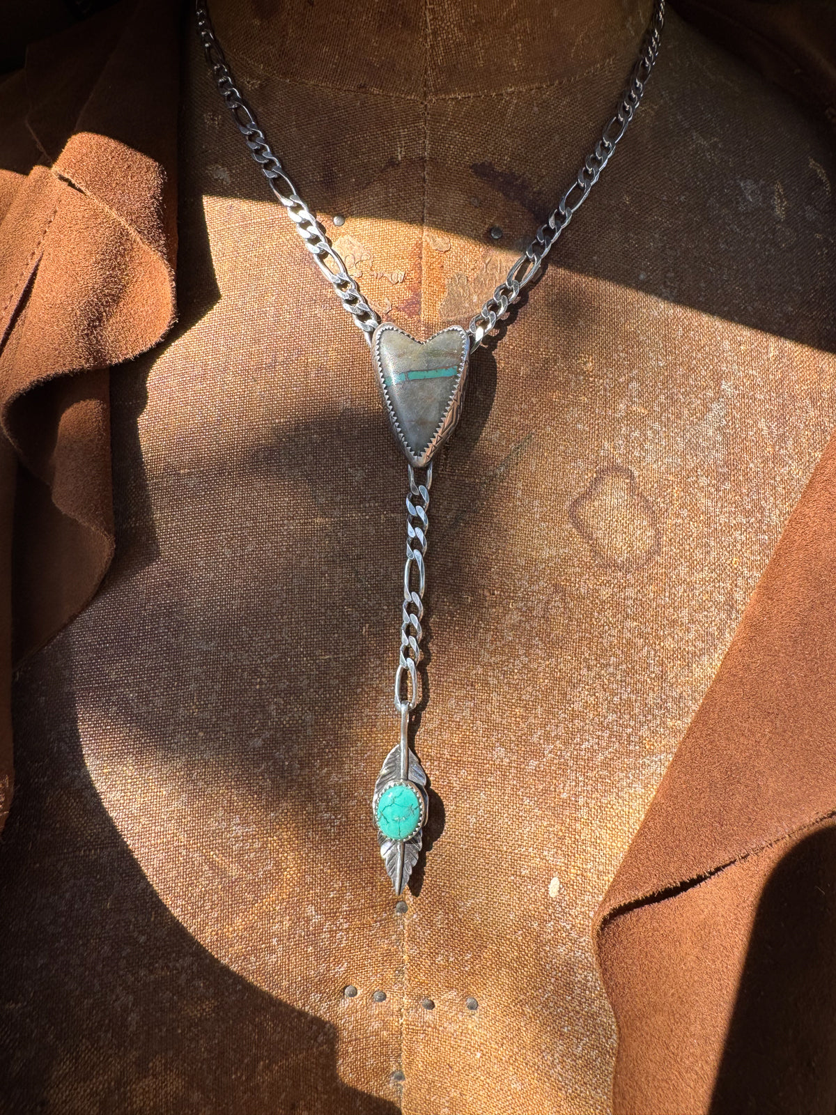 Heart Lariat Necklace with Royston Ribbon Turquoise and Feather