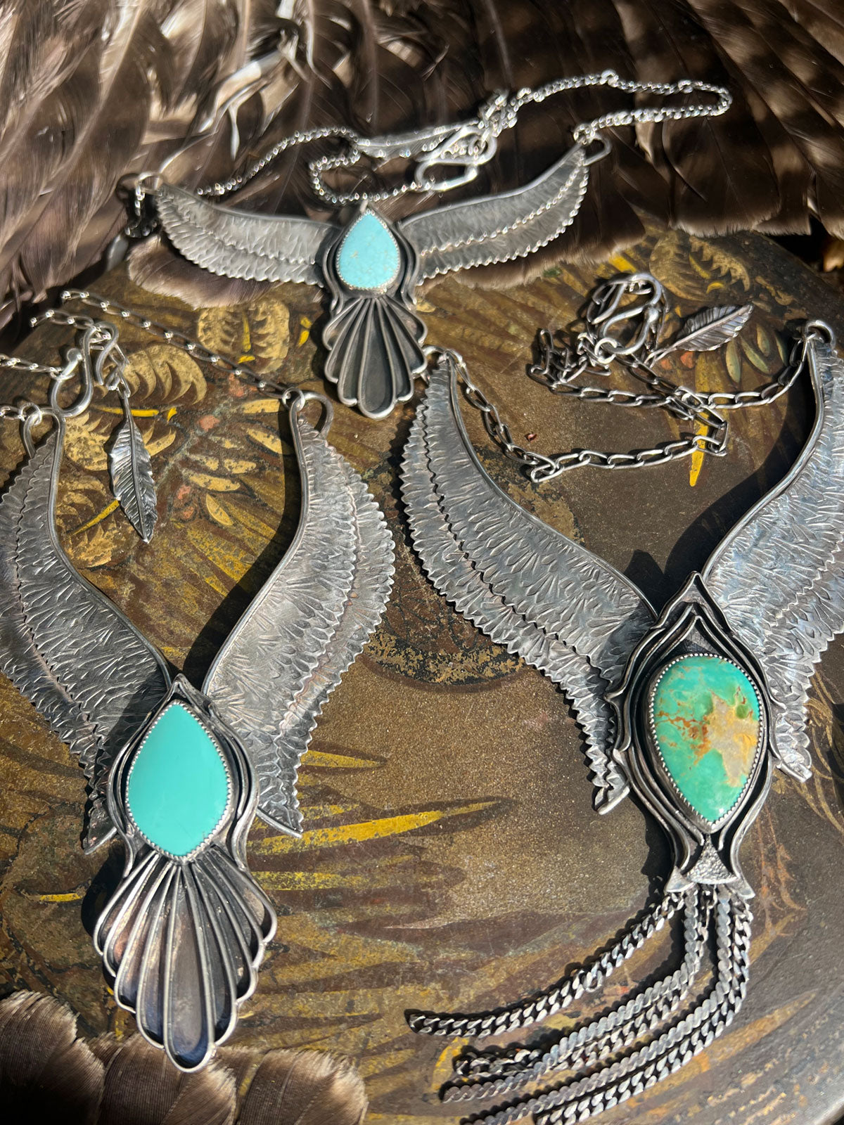 Bird - Spirit Bird Wings Necklace Sterling Silver with Sleeping Beauty Turquoise
