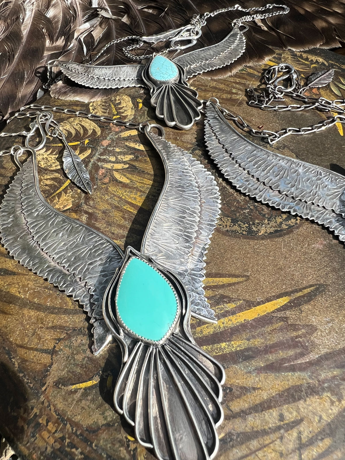 Bird - Spirit Bird Wings Necklace Sterling Silver with Sleeping Beauty Turquoise