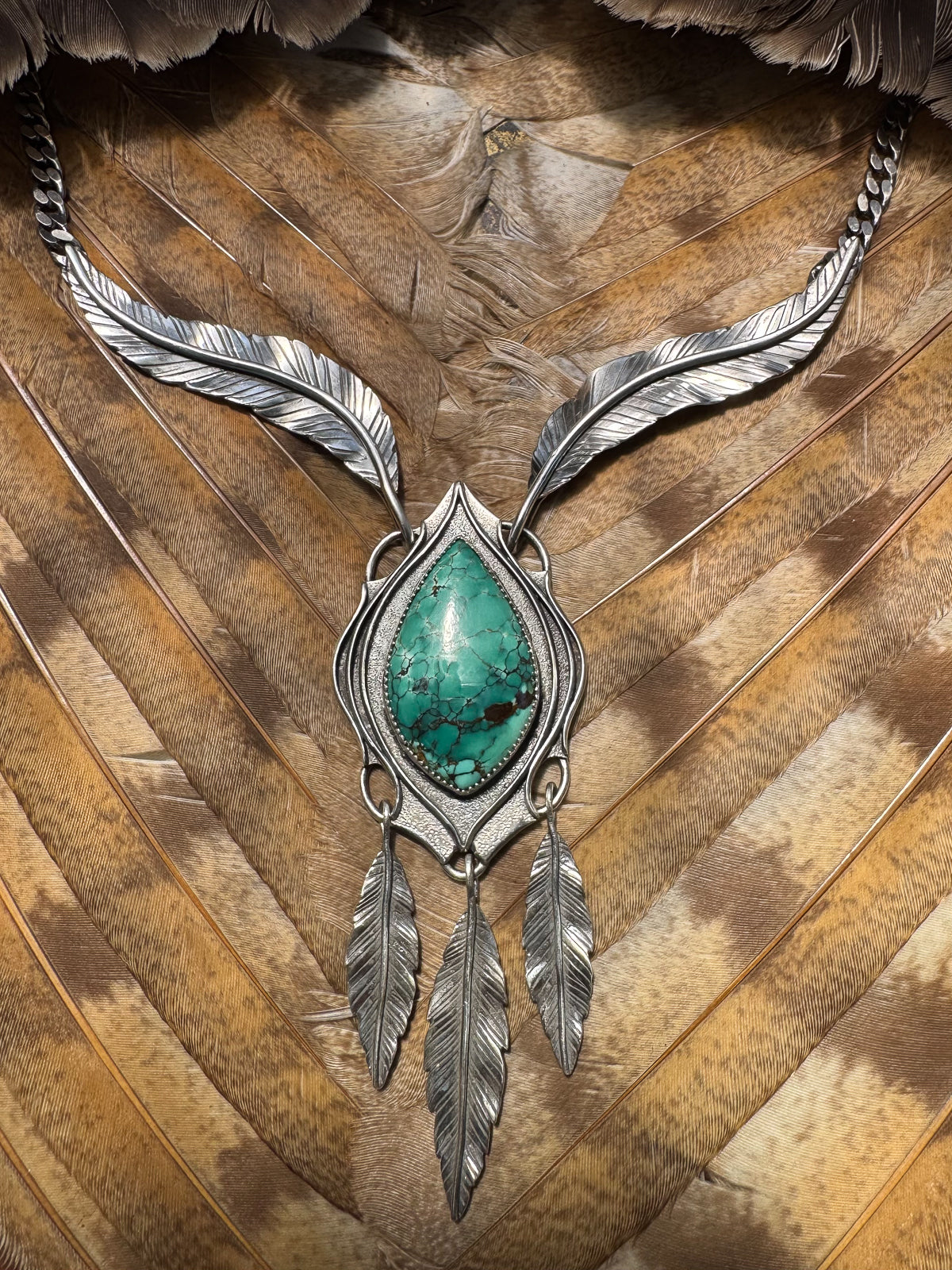 Available! Feathered Turquoise Marquis Drop Statement Necklace