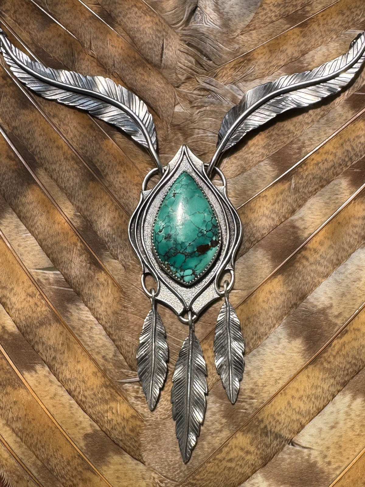 Available! Feathered Turquoise Marquis Drop Statement Necklace
