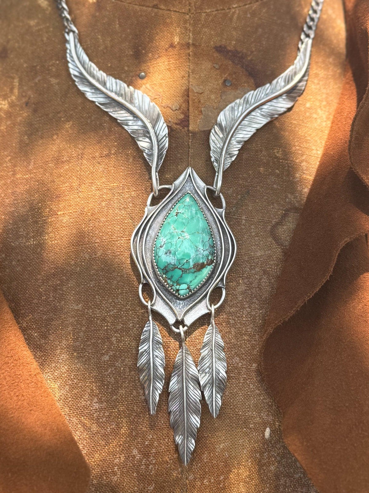 Available! Feathered Turquoise Marquis Drop Statement Necklace