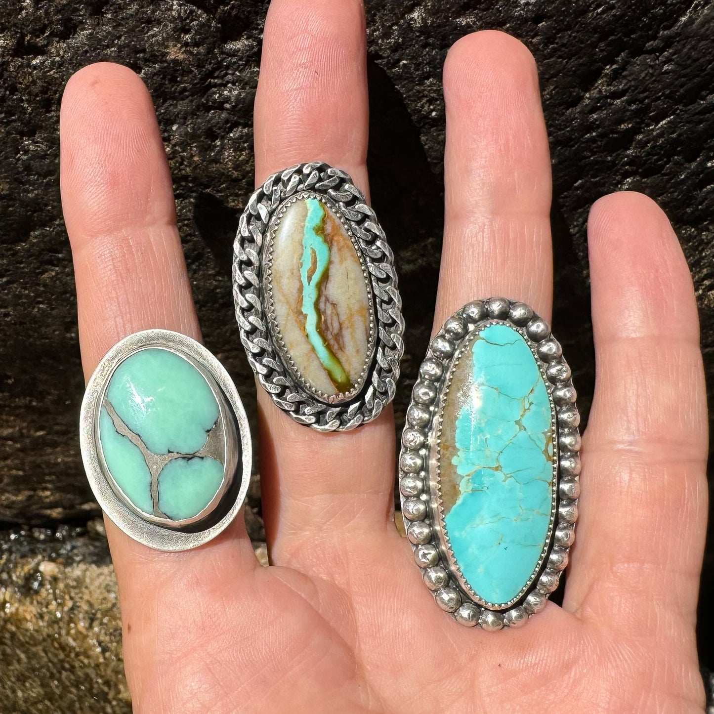 Available! Desert Bloom Variscite sterling silver ring. Size 8 wide band