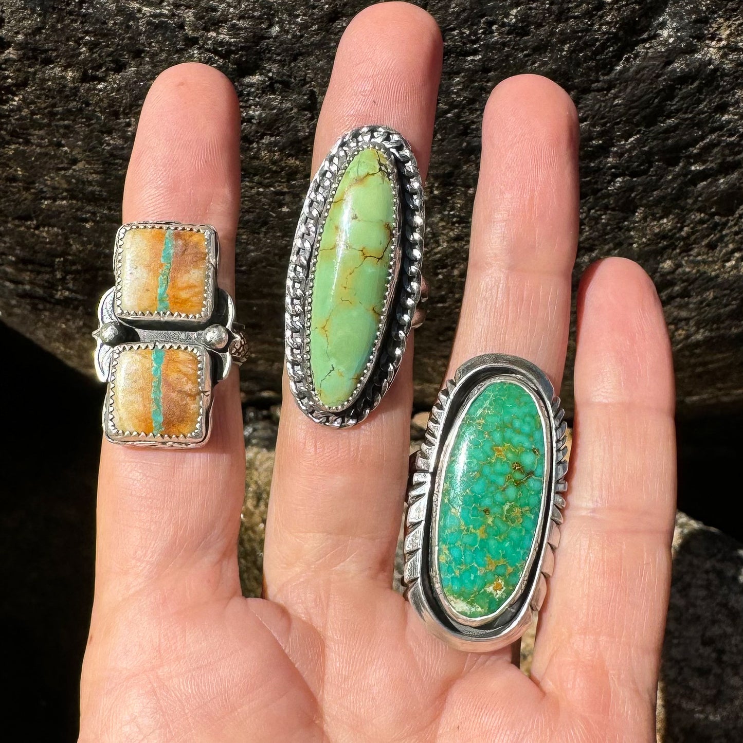 Ring Hand-cut Sterling Silver Shadowbox with Green and Golden Turquoise