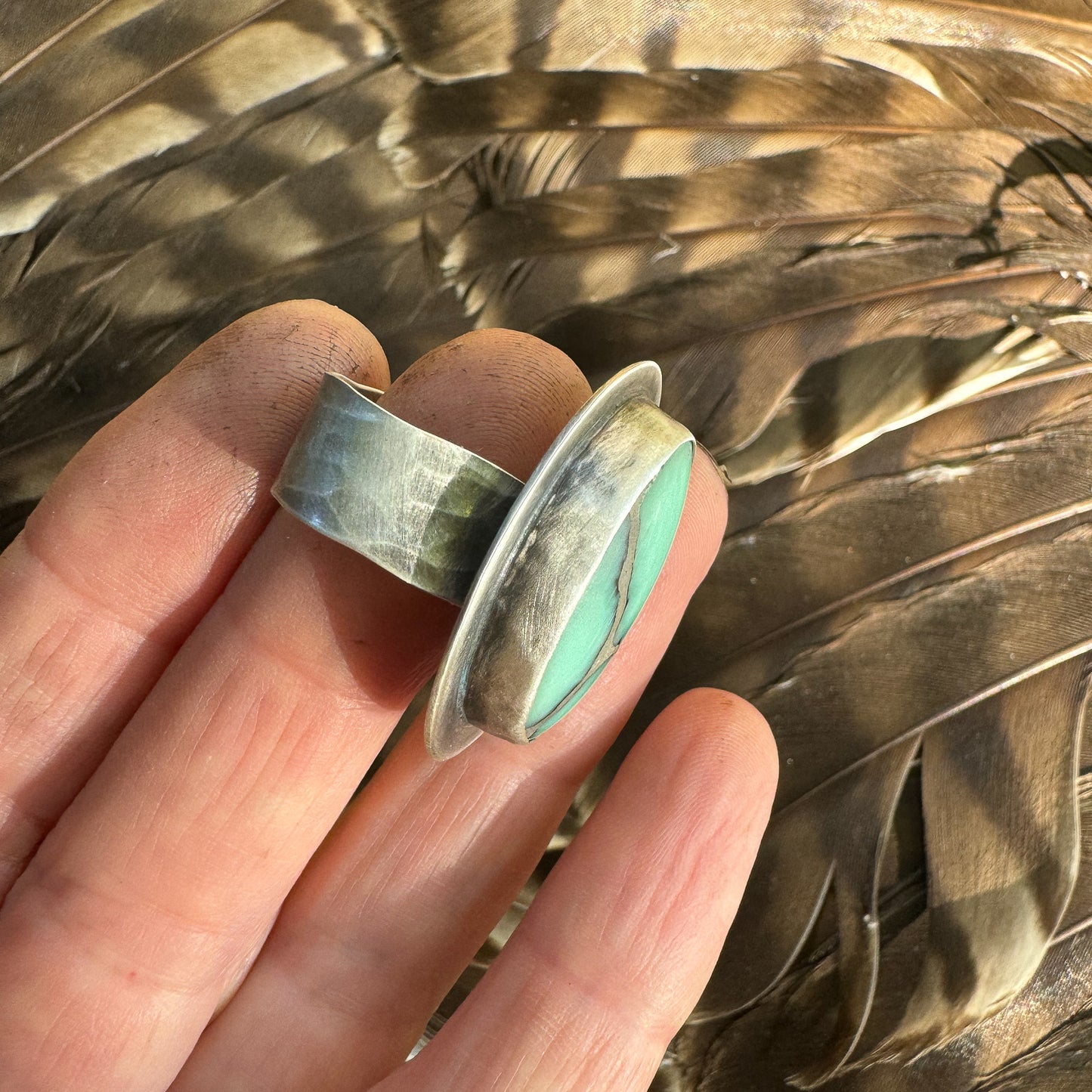 Available! Desert Bloom Variscite sterling silver ring. Size 8 wide band