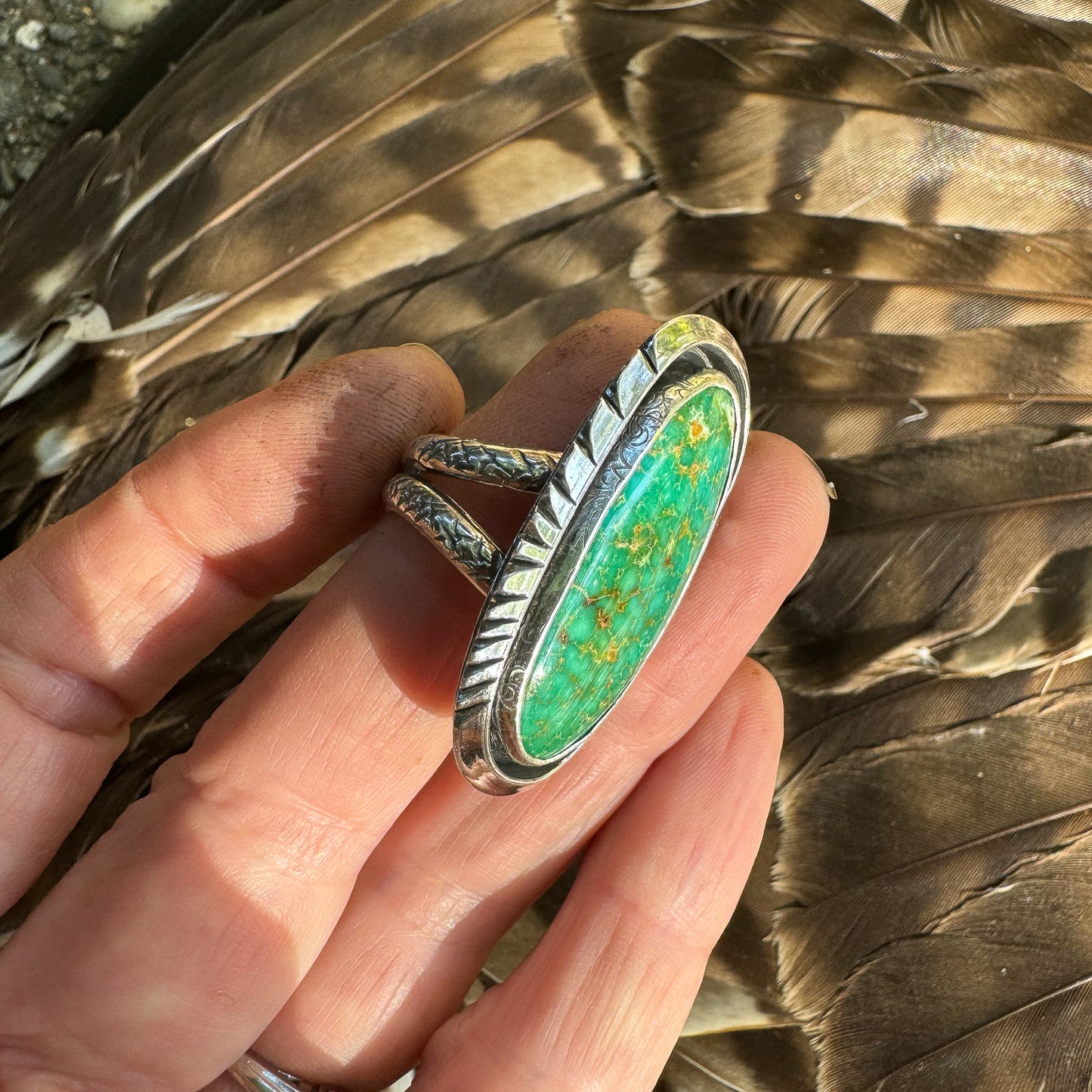 Ring Hand-cut Sterling Silver Shadowbox with Green and Golden Turquoise